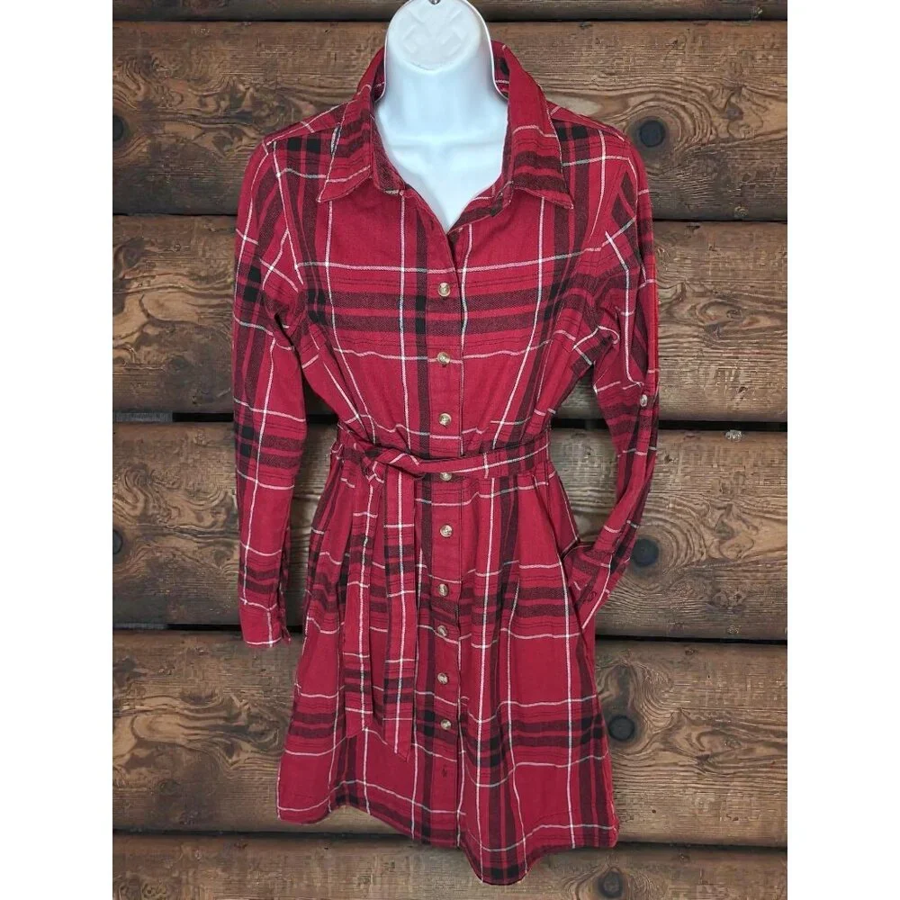 Stillwater Supply Co. Red Plaid Button-Down Belted Shirt Dress M Cotton Blend Wo - Picture 1 of 13